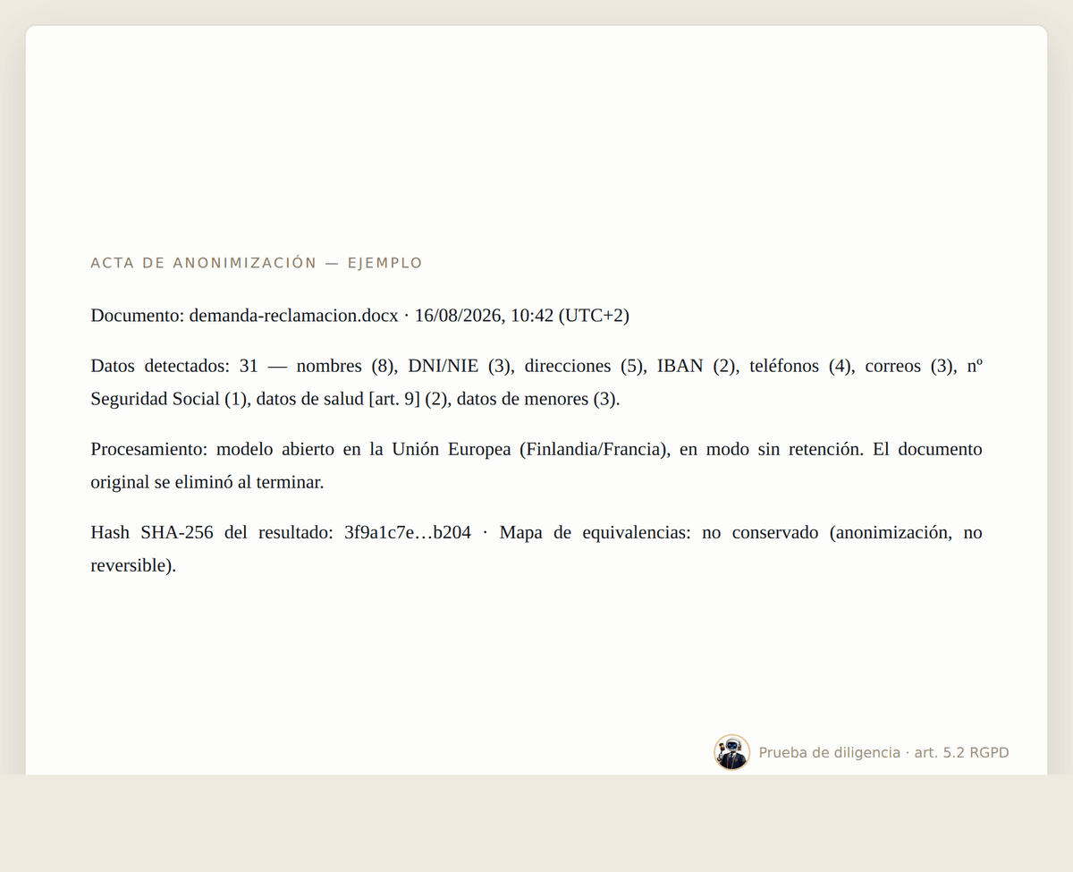 Acta de anonimización de ejemplo: documento, número y tipo de datos detectados, modelo europeo y hash del resultado