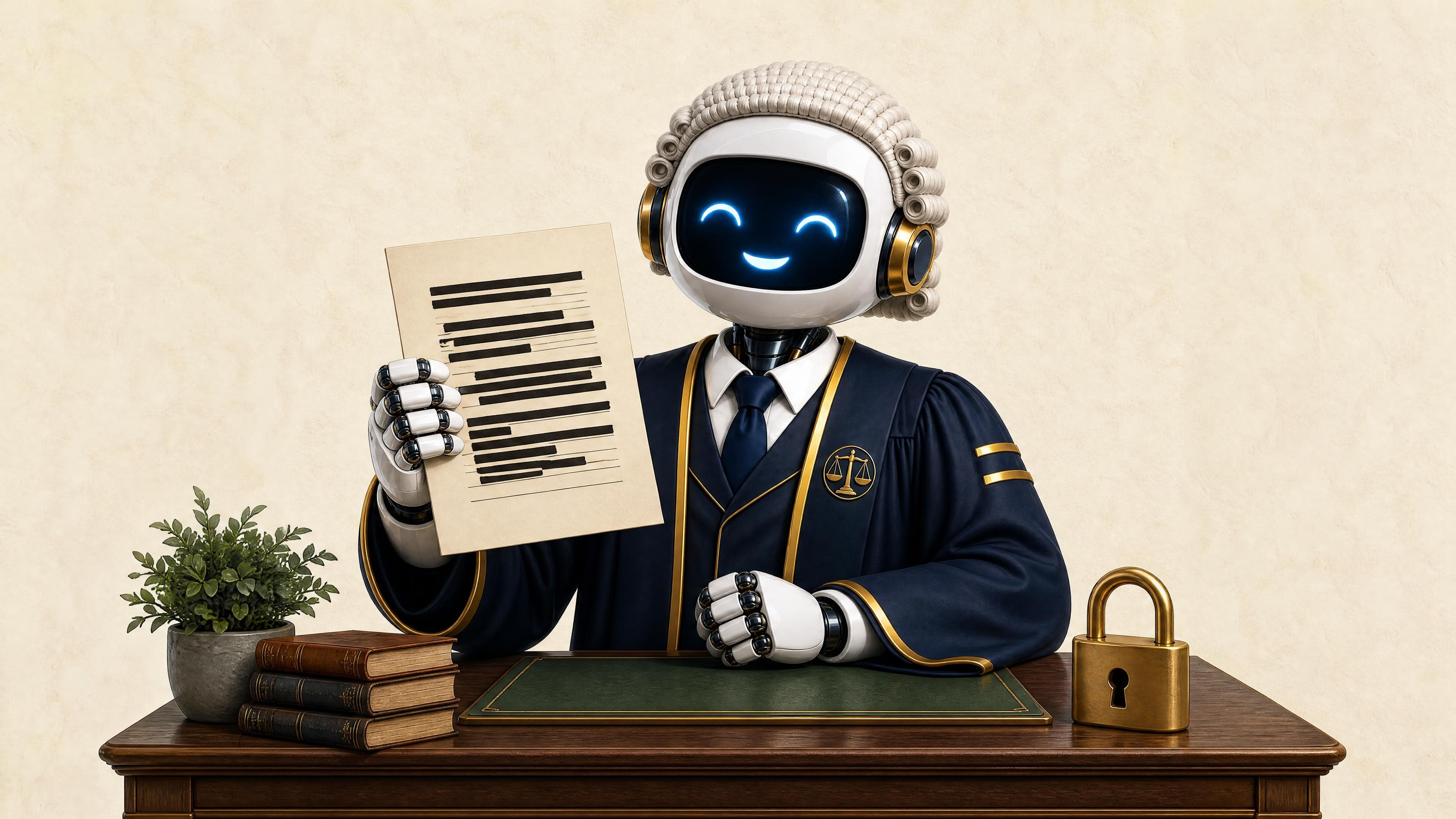 La mascota de Jurisprudenciator tacha en negro los datos personales de un expediente y protege el resto con un candado: anonimizar documentos jurídicos antes de usar la IA