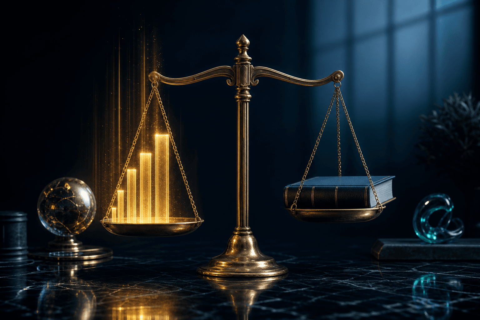 Ilustración de los benchmarks de Claude Opus 5 sobre una balanza de la justicia