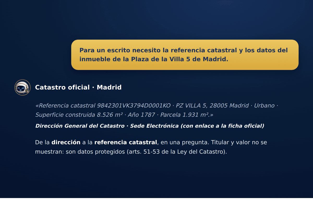 Consulta que obtiene la referencia catastral y la ficha oficial del inmueble de la Plaza de la Villa 5 de Madrid a partir de la dirección
