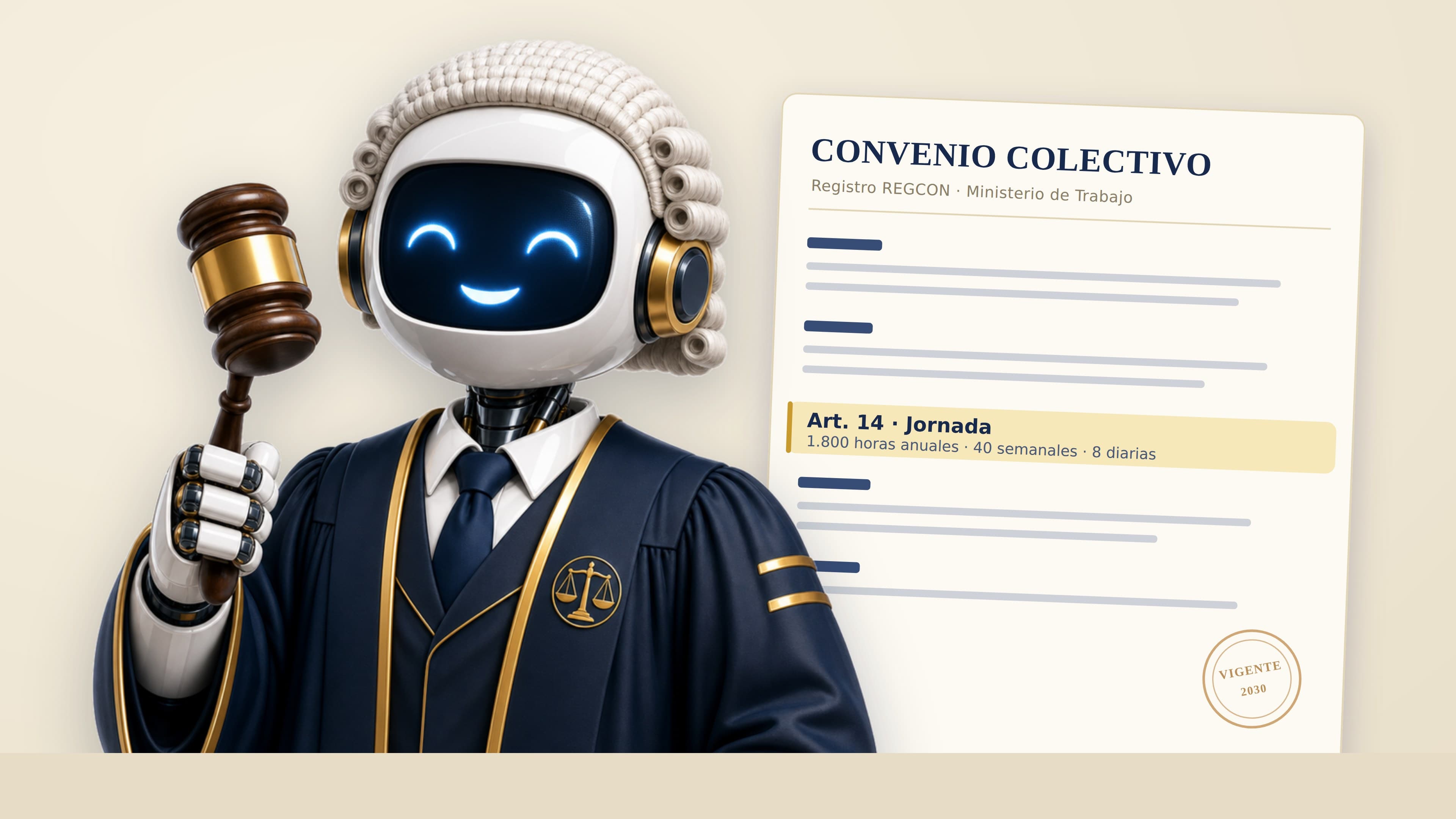 La mascota de Jurisprudenciator, con toga y mazo, junto a un convenio colectivo abierto por su articulado —con el artículo 14 de jornada resaltado y el sello de vigente—: el convenio colectivo aplicable a un sector y un territorio