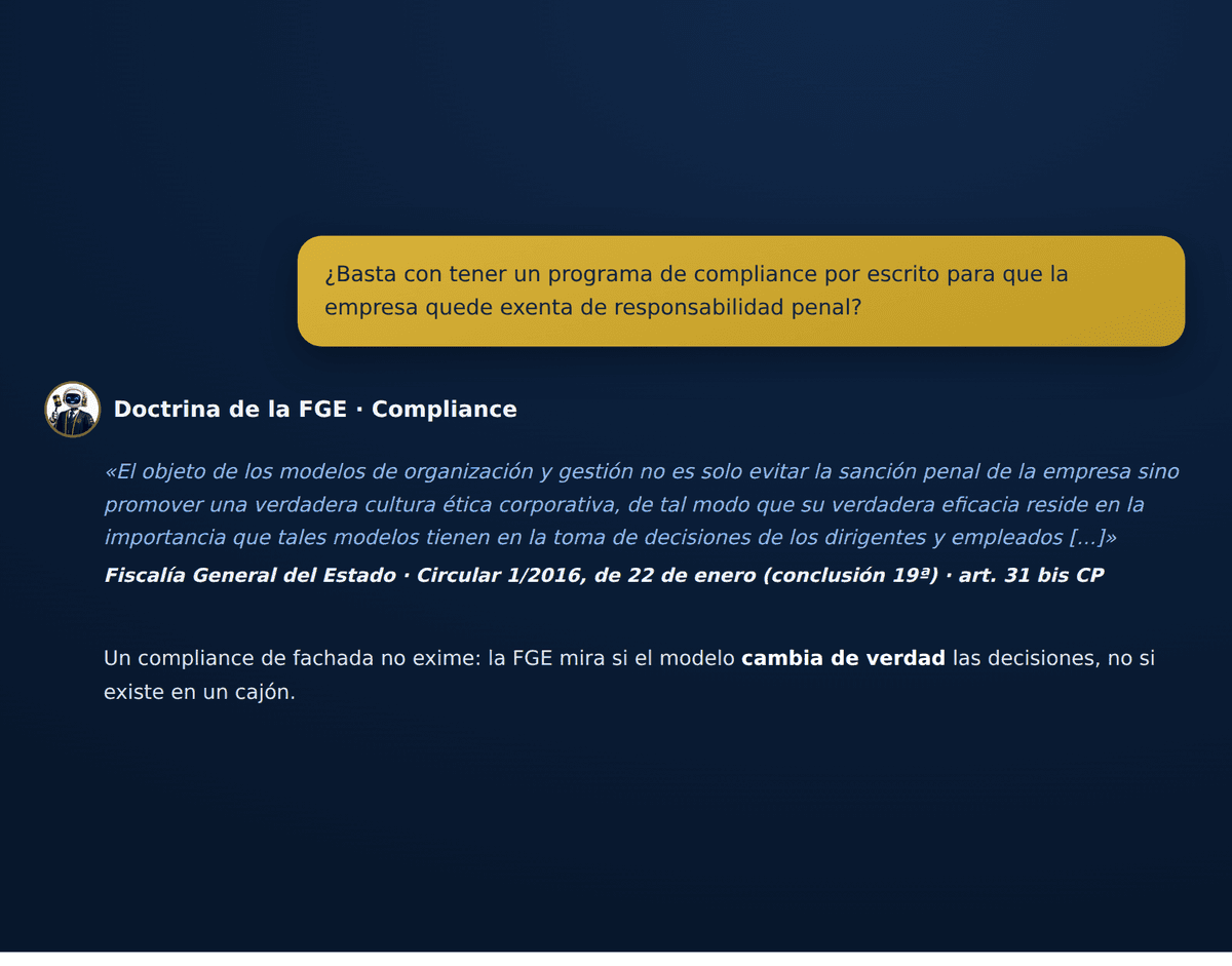 Consulta sobre si un programa de compliance exime a la empresa, respondida con el texto literal de la Circular 1/2016 de la Fiscalía General del Estado y su referencia