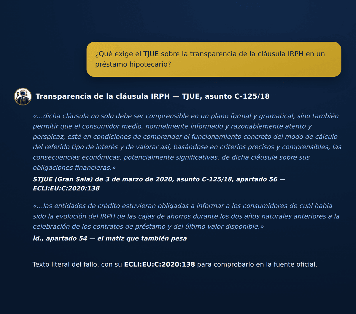 Consulta sobre el control de transparencia del IRPH respondida con el fallo literal de la sentencia C-125/18 del TJUE y su ECLI