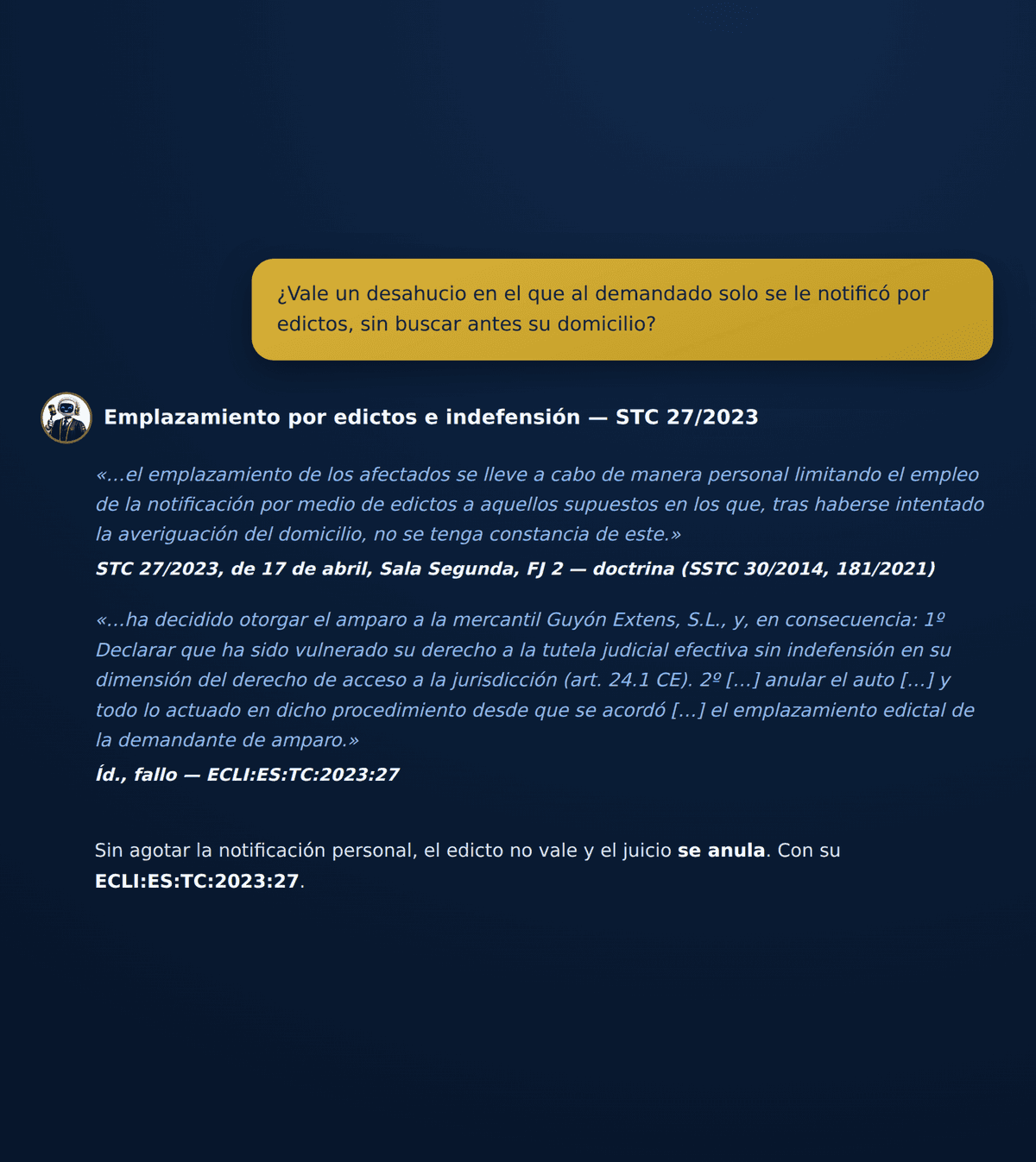 Consulta sobre un desahucio con emplazamiento por edictos respondida con el fallo literal de la STC 27/2023 y su ECLI