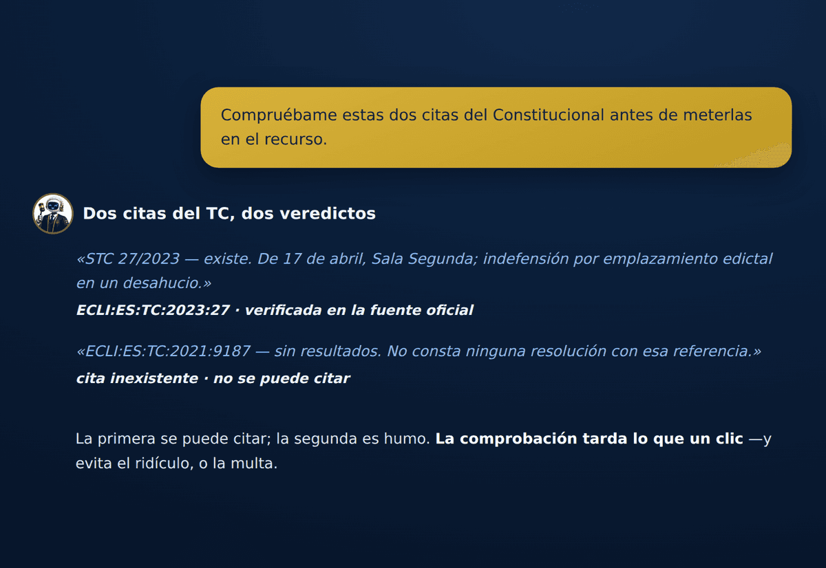 Comprobación de dos citas del Tribunal Constitucional: una real, que se confirma con su ECLI, y otra inventada, que no devuelve ningún resultado