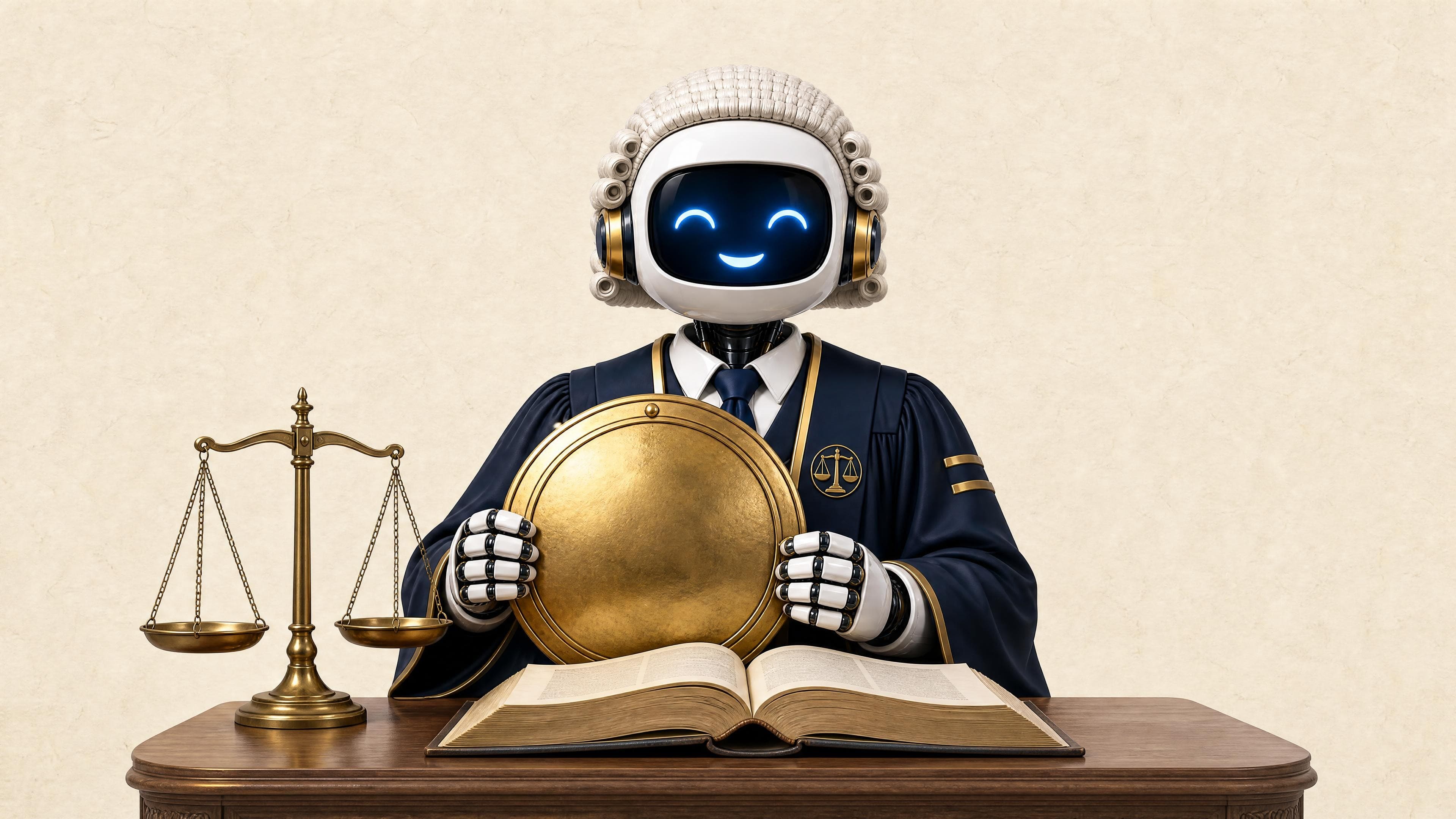 La mascota de Jurisprudenciator sostiene un escudo dorado ante un tomo de leyes abierto: la jurisprudencia del Tribunal Constitucional, ahora verificable por su ECLI