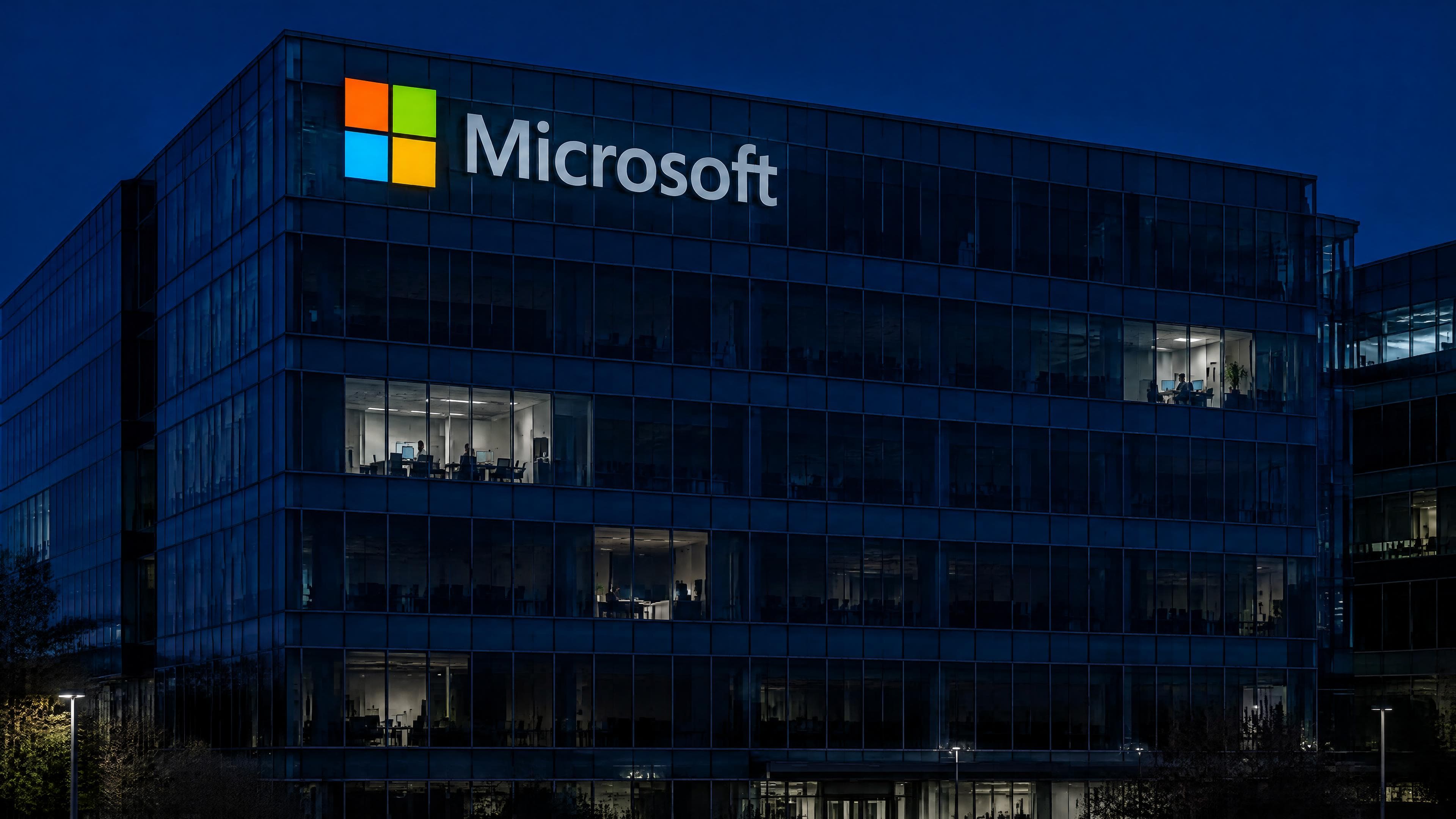 Despidos de Microsoft: sede de Microsoft de noche con su logotipo iluminado y casi todas las plantas a oscuras