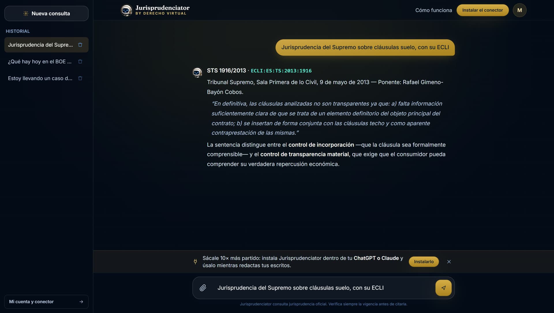 El asistente web de Jurisprudenciator respondiendo con una sentencia del Tribunal Supremo, su ECLI y un párrafo literal