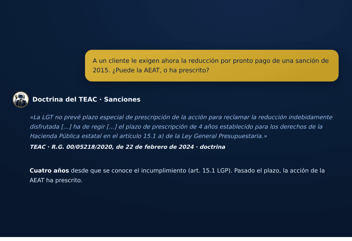 Consulta sobre el plazo de la AEAT para reclamar la reducción por pronto pago de una sanción respondida con el criterio literal de la resolución del TEAC 00/05218/2020 y su número de resolución