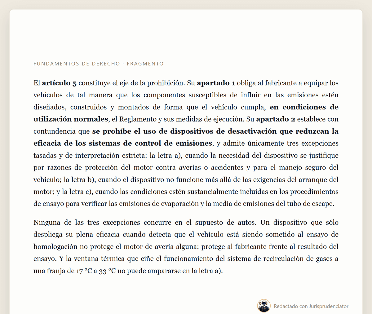 Fragmento de los fundamentos de derecho redactados con los apartados del artículo 5 del Reglamento 715/2007