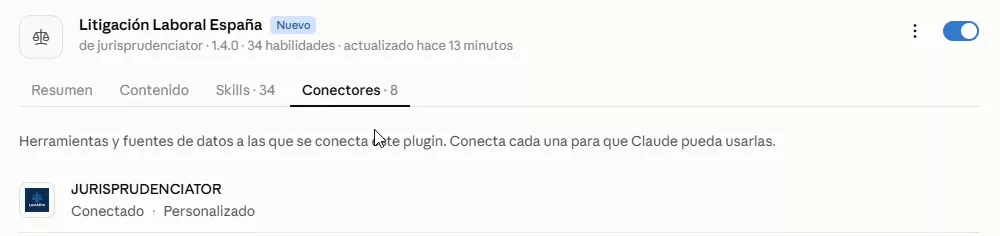 Ficha de un plugin en Claude, pestaña Conectores, con Jurisprudenciator conectado