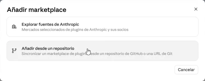 Ventana Añadir marketplace con la opción Añadir desde un repositorio