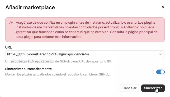 Ventana Añadir marketplace con la URL pegada y el botón Sincronizar