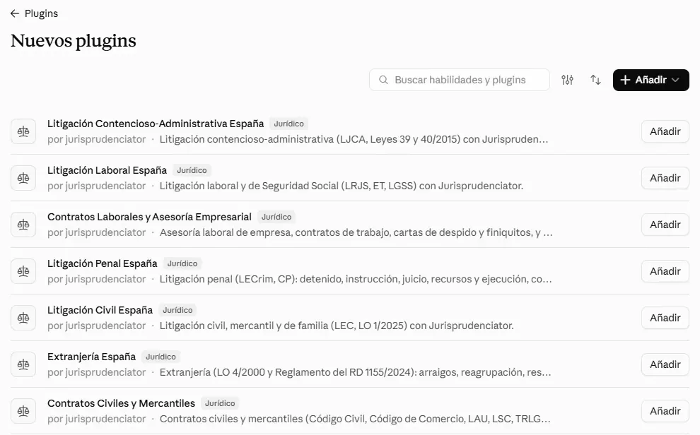 Lista de Nuevos plugins en Claude con los plugins de Jurisprudenciator y su botón Añadir; resaltado, Contratos Civiles y Mercantiles