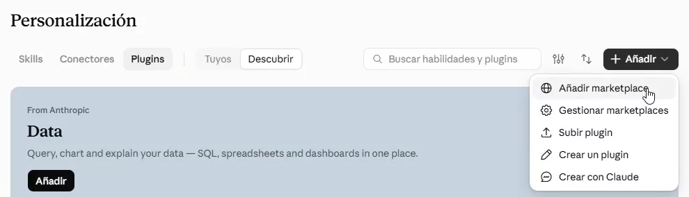 Personalización de Claude, pestaña Plugins, con el menú Añadir abierto en «Añadir marketplace»